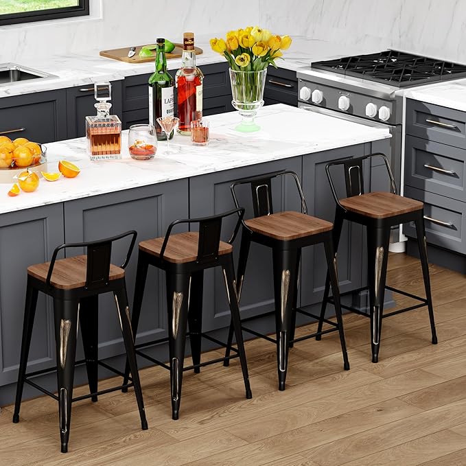 WENTMENT Bar Stools Set of 4 Counter Height Bar Stools Metal Barstools with Removable Back 26" Kitchen Bar Stools with Wooden Seat, Distressed Black
