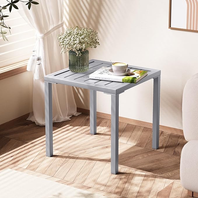 Crestlive Products Aluminum Outdoor Side Table, Pool Lounge Chair Side Table, Weather Resistant Small Square Coffee End Table for Patio, Yard, Garden, Porch, Deck, Indoor, Outdoor (Light Gray)
