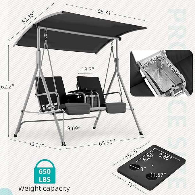 HOMREST 2 Seat Outdoor Porch Swing,Patio Swing with Adjustable Canopy,Heavy Duty 650 LBS Outdoor Swing with Pivot Storage Table & 2 Cup Holders & Cushions for Yard, Lawn, Backyard, (Black)