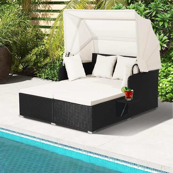 ORALNER Outdoor Daybed, 2-Person Wicker Patio Sofa with Retractable Canopy, Cushions & Pillows, 2 Side Trays, PE Rattan Double Sunbed Lounger for Deck Poolside Backyard Garden Balcony (Off-White)