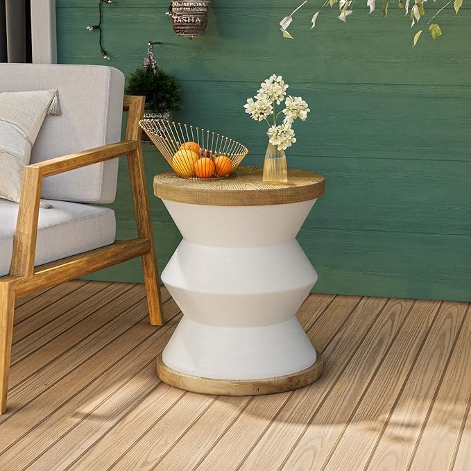 COSIEST White Outdoor Side Table, Round MgO Concrete End Patio Side Table, Lightweight Cylinder Top Plant Stand with Rotund Base for Garden and Deck