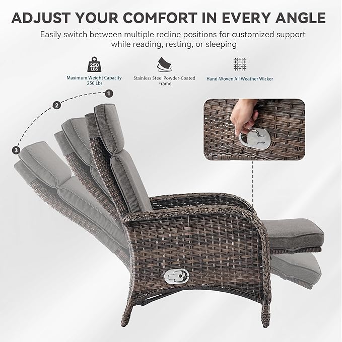 3 Pieces Zero Gravity Wicker Patio Recliner Chairs Set of 2 - Wicker Outdoor Lounge Chair with Side Table, Adjustable Backrest & Footrest, High Back Outdoor Recliner Chair for Pool Deck Gray