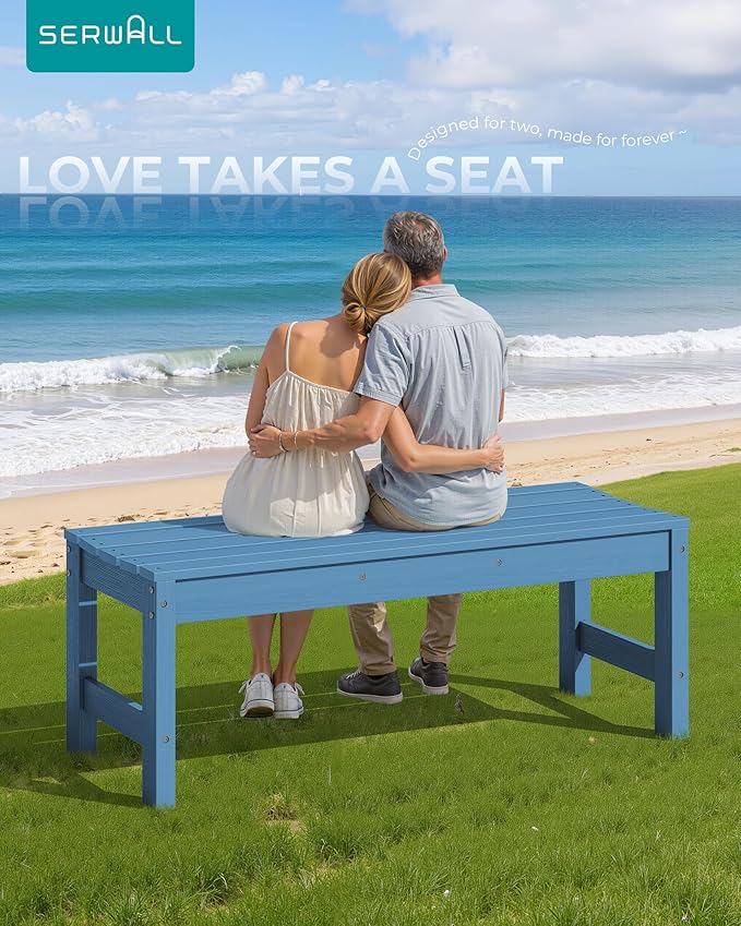 SERWALL 47 Inches Outdoor Bench Set of 2, All Weather HDPE Backless Bench with Wood Grain Texture for Garden Porch and Park, Curved Bench Seat for Comfort, Blue