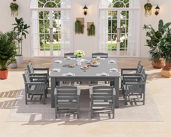 SERWALL 5 Piece Outdoor Dining Table Sets for 4 with 1 Umbrella Hole Cut-Out Rectangular Table and 4 Textilene Chairs, HDPE Dining Table Sets for Garden, Backyard, Poolside, Gray