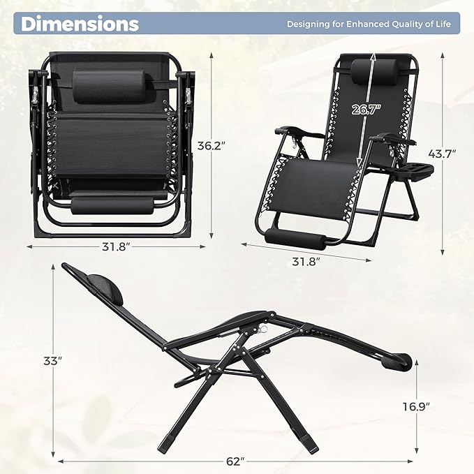 Homall Oversized Zero Gravity Chair, 32In Recliner Lounge Chair with Removable Soft Cushion and Cup Holder, Adjustable Anti Gravity Chair Folding Patio Chairs Padded for Indoor and Outdoor (Black)