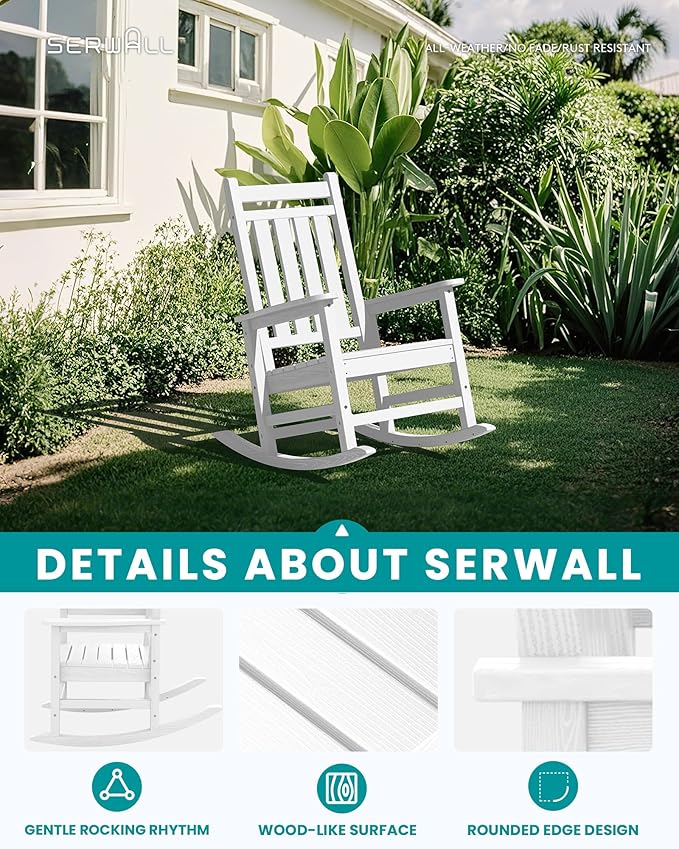 SERWALL Outdoor Rocking Chair, HDPE Rocking Chair for Adults, All Weather Porch Oversized Rockers for Lawn Garden, White