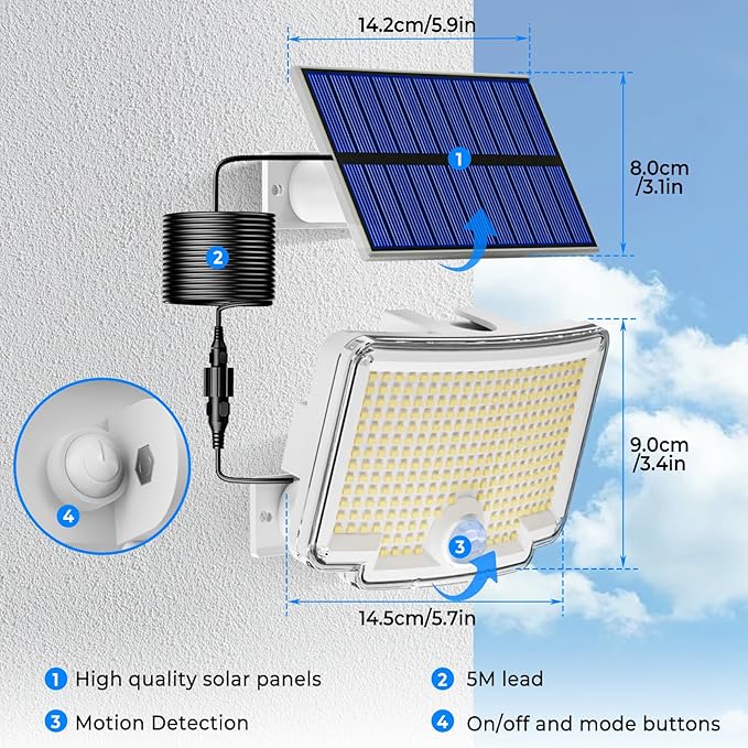 Peasur 2 Pack Solar Motion Lights Outdoor, 318 LED Solar Security Light with 3 Modes, IP65 Waterproof Powered Flood Lights for Outside Garden Backyard，Warm (White Frame)