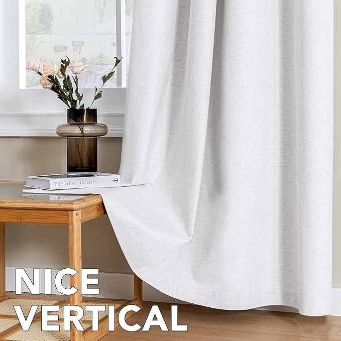 H.VERSAILTEX Linen Curtains 100% Blackout Curtains for Bedroom 102 inch Long Full Light Blocking Nature Linen Blended Window Curtains for Living Room Nickel Grommet (2 Panels, Heathered White)