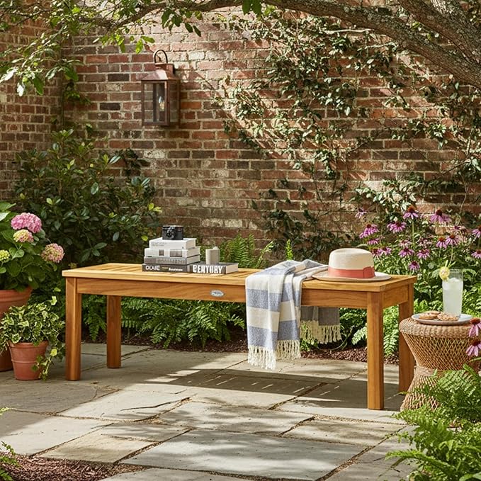 Tangkula 52 Inches Acacia Wood Outdoor Bench, Wood Bench for Dining Room Entryway Poolside Garden, Patio Backless Dining Bench with Slatted Seat, Ideal for Outdoors & Indoors