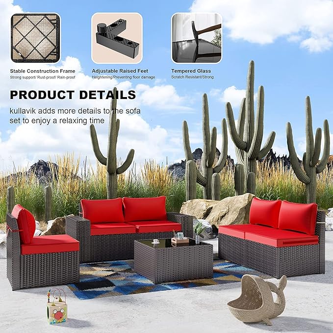 Kullavik Outdoor Patio Furniture Set 12 Pieces Sectional Rattan Sofa Set Brown PE Rattan Wicker Patio Conversation Set with 10 Red Seat Cushions and 2 Tempered Glass Table