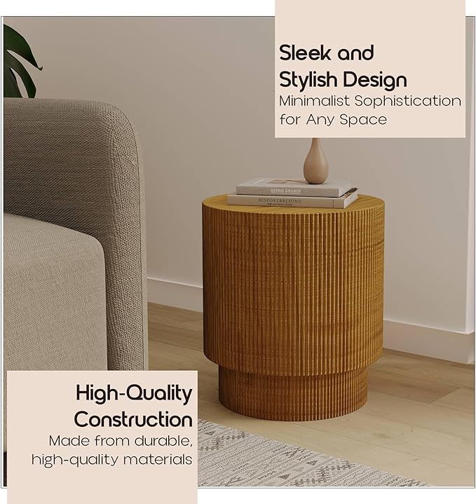LeisureMod Modern Side Table Round Fiberstone Top Accent End Table for Home, Outdoor Patio, Living Room Sofa, Weather-Resistant, Eden Series in Brown