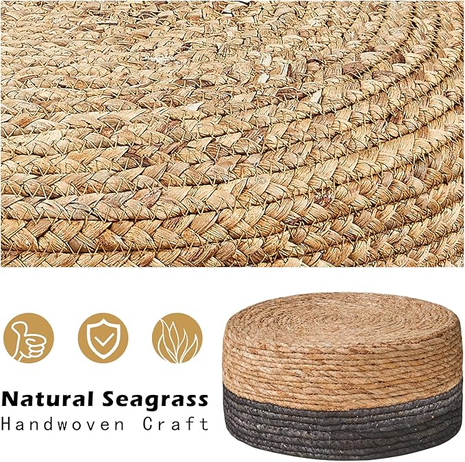 Cpintltr Ottoman Natural Seagrass Footrest Poufs Hand Weave Round Foot Stool for Couch Desk Soft Step Stool Padded Foot Rest with Pine Legs for Living Room Bedroom Natural/Black