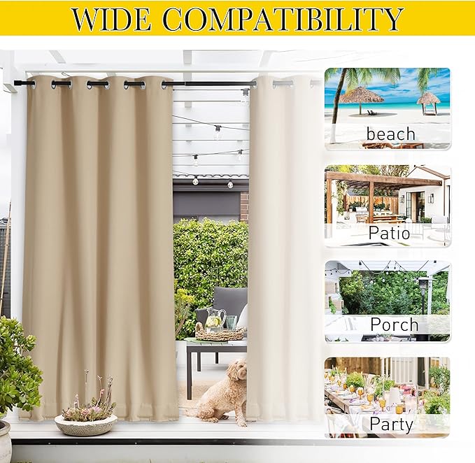 NICETOWN 2 Panels Weighted Blackout Cabana Curtains Outdoor Patio, W52 x L84 Windproof Top & Bottom Grommet & Back Tab, Thermal Heavyweight Drapes Keep Privacy for Yard/Porch, Biscotti Beige