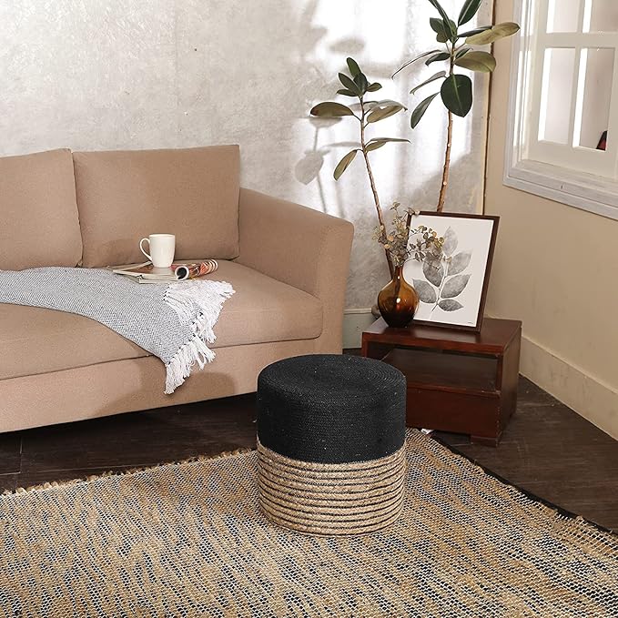 REDEARTH · Cylindrical Pouf Ottoman - Braided Pouffe Accent Sitting Round Footrest for Living Room, Bedroom, Nursery, kidsroom, Patio, Gym; 70% Cotton 30% Jute, (14.5X14.5X16; Black Natural)