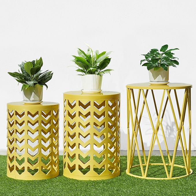 Nesting Side Table Set of 3 Decorative Round Garden Stools for Indoor Outdoor Heavy Duty Metal Frame Side Table Nightstands Modern End Table Plant Stand, Yellow