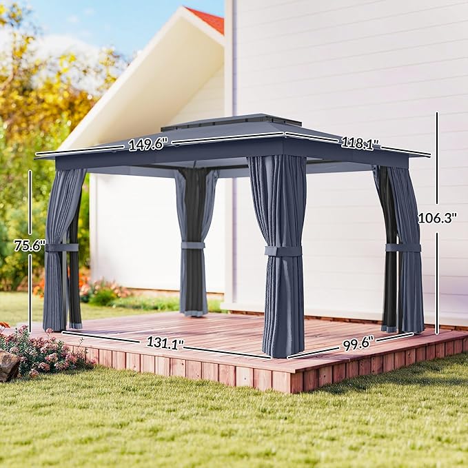 Outsunny 10' x 12' Outdoor Patio Gazebo, Heavy Duty Gazebo Canopy Shelter with Double Roof, Curtains, Netting, Steel Frame, UPF30+ Protection, Ceiling Hooks for Lawn, Backyard, Deck, Blue