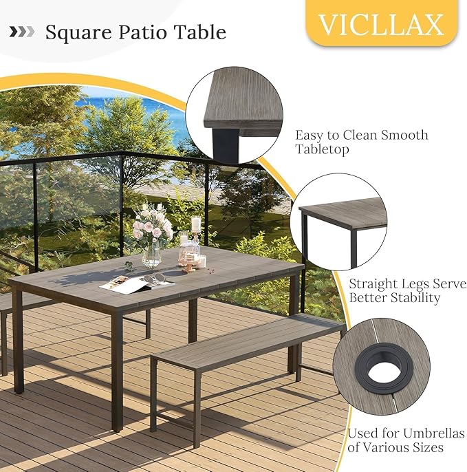 VICLLAX Patio Dining Set for 6, Outdoor Furniture Set Includes 63" Rectangle Patio Table and 6 Patio Sling Chairs, Outdoor Table and Chairs for Outsides, Grey Wood-Like Tabletop and Dark Grey Fabric