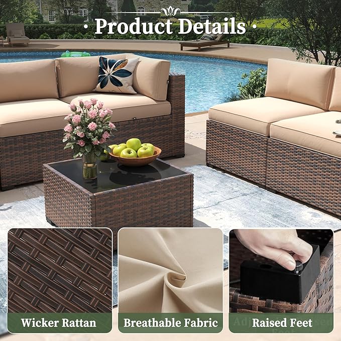 Aoxun 10 Piece Patio Furniture Set Wicker Rattan Patio Conversation Set Outdoor Sectional Sofa Set with Coffee Table and 4” Thickened Cushions, Beige(Waterproof Cover Included)