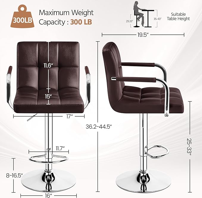 Yaheetech Bart Stools Set of 4, PU Leather Adjustable Barstools with Armrest, Counter Height Stool Chairs with Thickened Seat Cushion for Kitchen Island, Brown