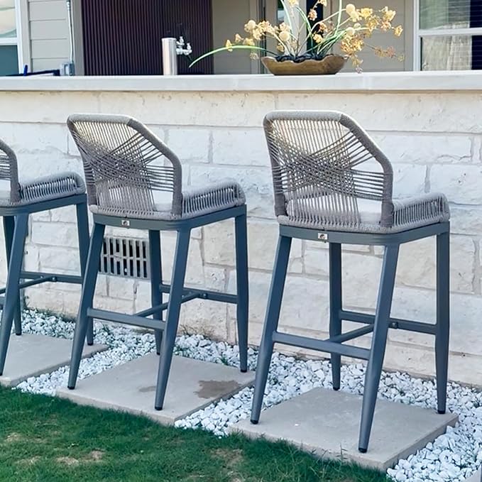 PURPLE LEAF Patio Bar Stool Bar Height Set of 2 Outdoor Rattan Chairs with Back Modern Aluminum Woven Barstools for Garden Indoor Kitchen Light Gray