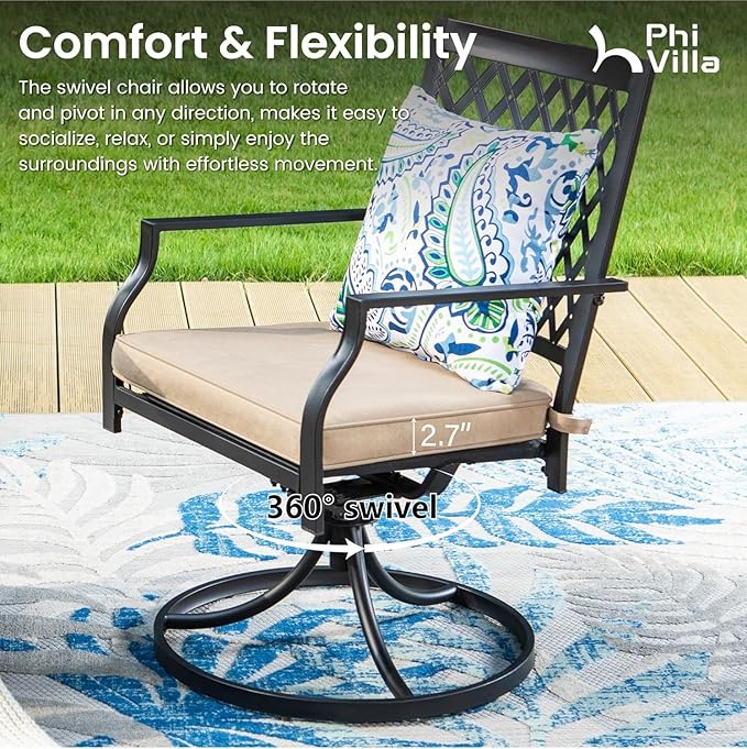 PHI VILLA 7 Pieces Outdoor Dining Set for 6, 60" Rectangle Metal Steel Table with Umbrella Hole & Swivel Wrought Iron Chairs with Cushions, Large Furniture Set for Patio, Deck, Porch, Yard