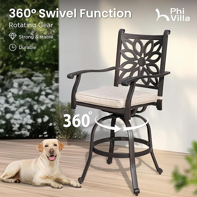 PHI VILLA Outdoor Swivel Bar Stools Set of 4, Cast Aluminum Patio Pub Height Bar Stool & Chairs with Seat Cushion