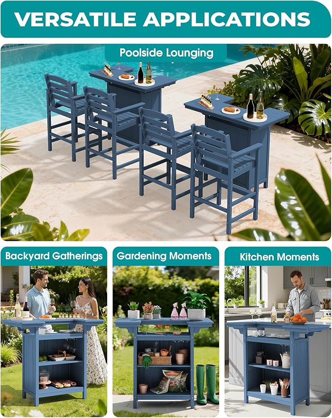 SERWALL Outdoor Bar Table Set (1 Table with 2 Chairs) – HDPE Blue Patio Bar Cabinet with 4-Tier Storage & Spacious Tabletop, Perfect for Outdoor, Poolside, Backyard
