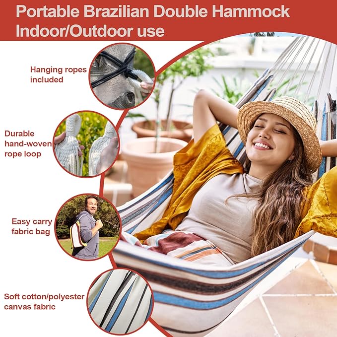 JoyView Brazilian Hammock for Single Person Portable Hammock with Hanging Ropes & Carry Bag Large 78.8x39.4” for Patio 300LBS Capacity Perfect for Outdoor/Indoor - Red Stripes