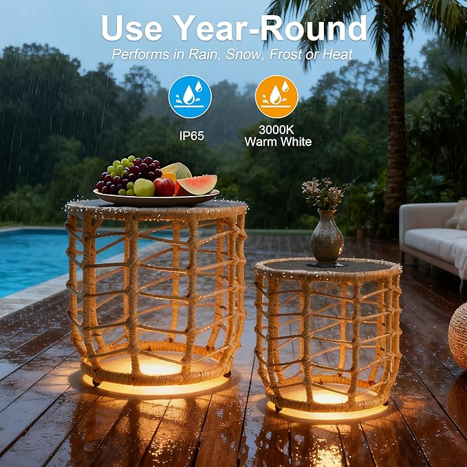 PARTPHONER Boho Solar Outdoor Side Table with Built-in Lights Set of 2, All-Weather Wicker Nesting Tables, Round Waterproof Accent End Table Design for Patio, Porch, Garden & Balcony, Natural Brown