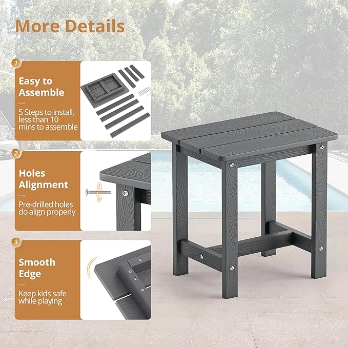 LUE BONA Outdoor Side Table Set of 2, HDPS Small Outdoor Table, Adirondack Side Table, Outside End Table for Patio, Deck, Pool, Weather Resistant/Easy Maintenance, Dark Gray