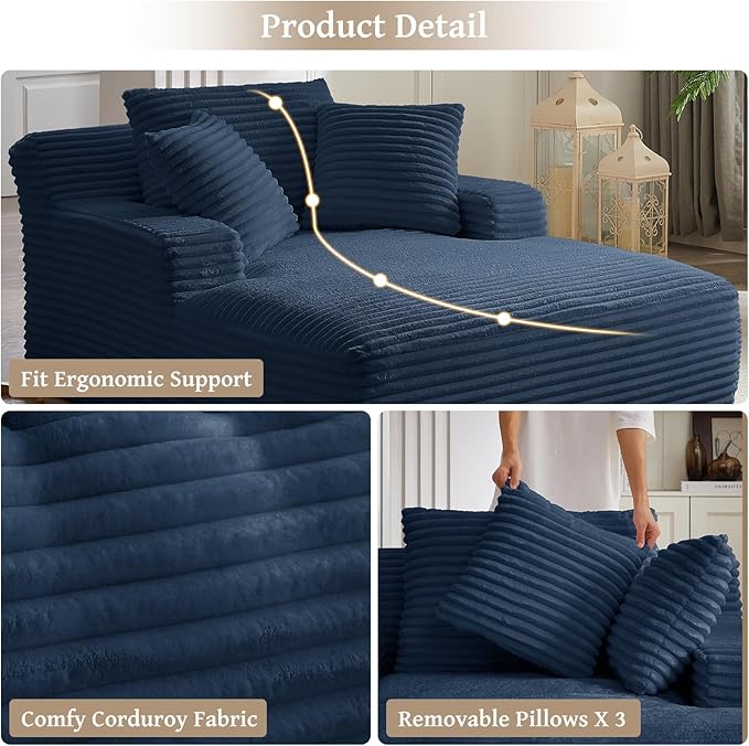 66" Chaise Lounge Chair Indoor, Oversized Boneless Couch Comfy Upholstered Sleeper Sofa Bed with 3 Pillows, Corduroy Cloud Reading Chair for Living Room No Assembly Required, Blue