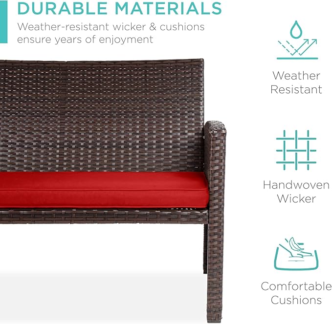 Best Choice Products 4-Piece Outdoor Wicker Patio Conversation Furniture Set for Backyard w/Coffee Table, Seat Cushions - Brown/Red