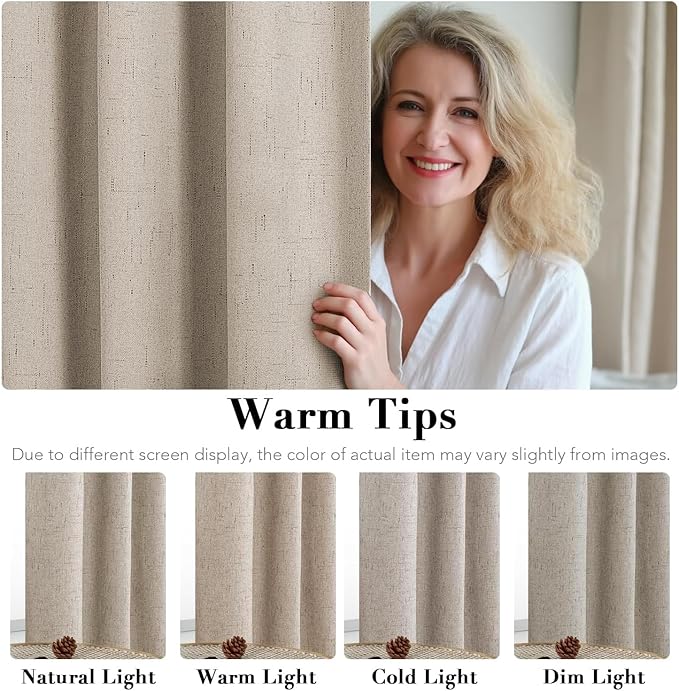 H.VERSAILTEX Linen Curtains 100% Blackout Curtains for Bedroom 102 inch Long Full Light Blocking Nature Linen Blended Window Curtains for Living Room Nickel Grommet (2 Panels, Cobblestone)