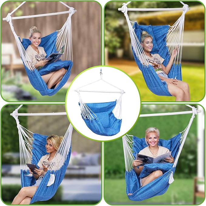 Backyard Expressions Hanging Hammock Chair Swing with Cushions & Hanging Kit – 500 lb Capacity, Cotton Blend Fabric, for Indoor/Outdoor Use – Includes Chain, Hooks & Spring – 5 Colors
