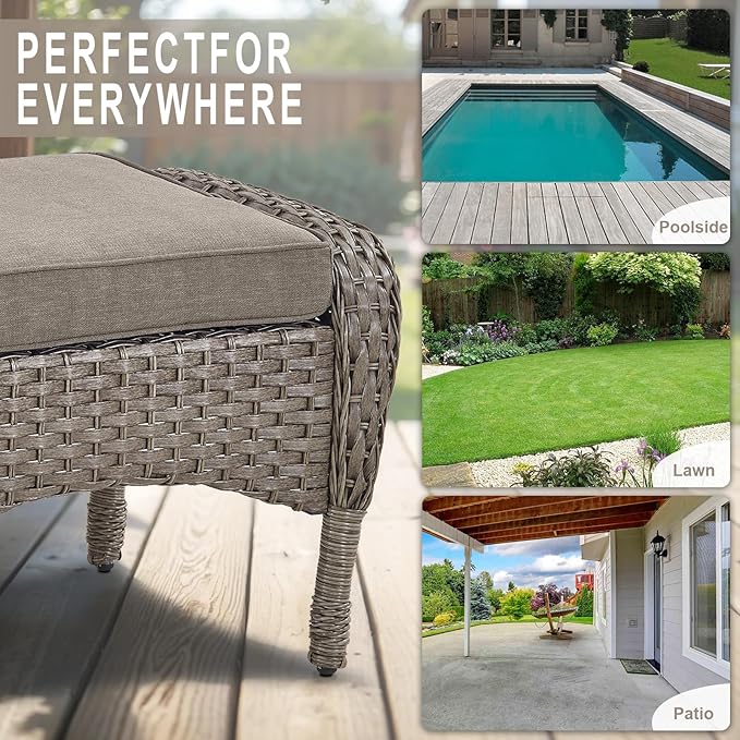 Belord Outdoor Ottomans for Patio Foot Rest - 25 Inch PE Wicker Foot Stool Set of 2 with Removable Cushions for Patio Furniture Sets,All Weather Rattan Ottoman for Balcony Deck Backyard Brown