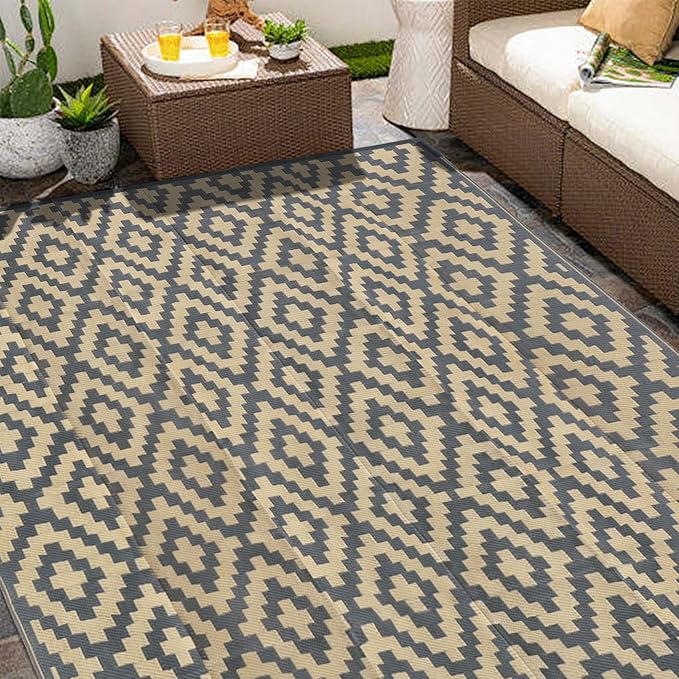SAND MINE Reversible Mats, Plastic Straw Rug, Modern Area Rug, Large Floor Mat and Rug for Outdoors, RV, Patio, Backyard, Deck, Picnic, Beach, Trailer, Camping (8' x 10', Grey Tan Lattice)