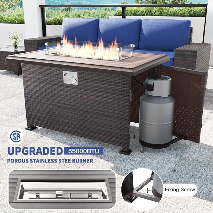 Kullavik 11 Pieces Outdoor Patio Furniture Set,PE Wicker Rattan Sectional Sofa Patio Conversation Sets with 43" 55000BTU Gas Propane Fire Pit Table,Swivel Rocking Chairs Set,Navy Blue