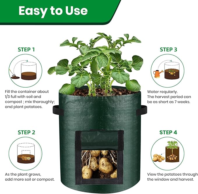 10 Gallon 3-Pack Potato Grow Bags, Heavy Duty PE Fabric Pots with Flap and Handles, Green Planter Bags for Potato Vegetables Outdoor Garden, 17.7''x13.8'' Large for All Plants Growing