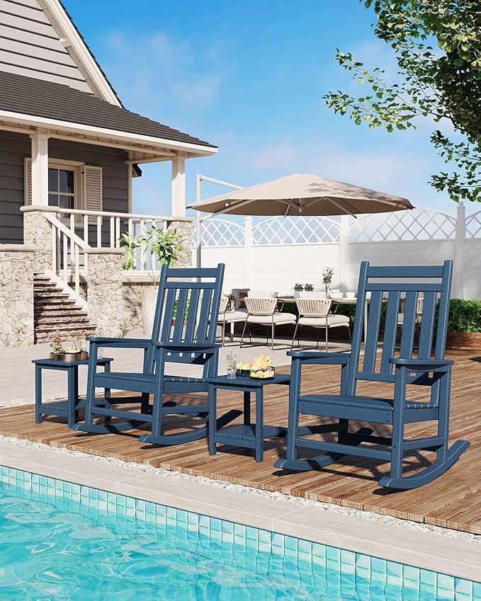 HDPE Rocking Chair Outdoor Set of 4 with 2 Side Table - Poly High Back Porch Rocker Chairs for Adults - All Weather Resistant Furniture for Patio Front Porch - Navy Blue