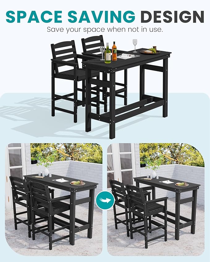 SERWALL Outdoor Bar Set - 4 Adirondack Bar Chairs & Bar Height Table with 1.6" Umbrella Hole, All-Weather HDPE Patio Furniture for Poolside, Backyard, Garden - Black