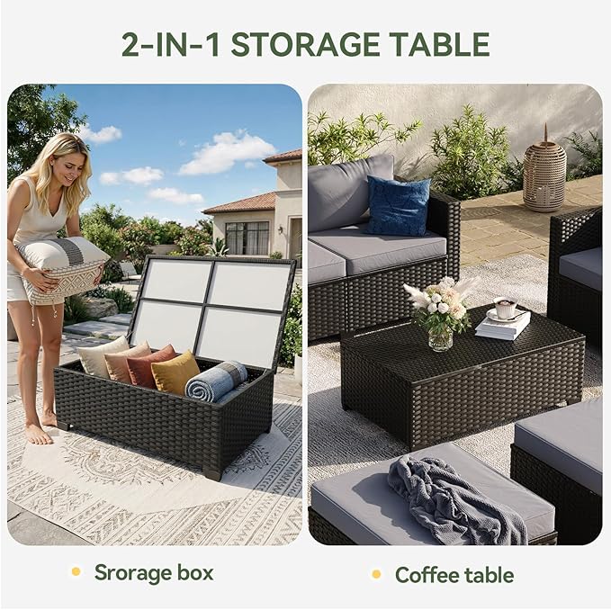 Aoxun 7 Piece Outdoor Patio Furniture Set 6 Seats, Outdoor Sectional with Thick Waterproof Cushions & Storage Coffee Table, Patio Conversation Sets for Garden,Backyard, Porch, Balcony, Deck, Gray