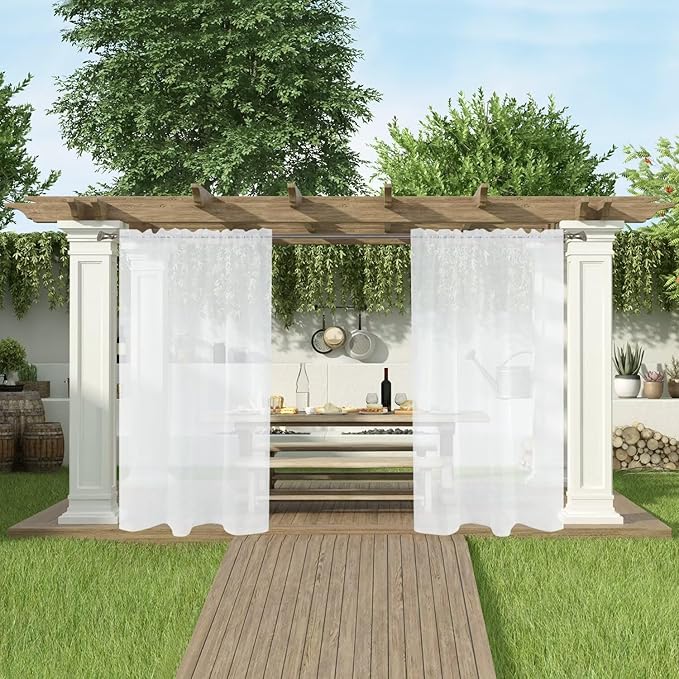 SpaceDresser Waterproof Outdoor Sheer Curtains for Patio - 2 Panels Rod Pocket Indoor Voile Sheer Curtain for Living Room,100W x 84L inch, White