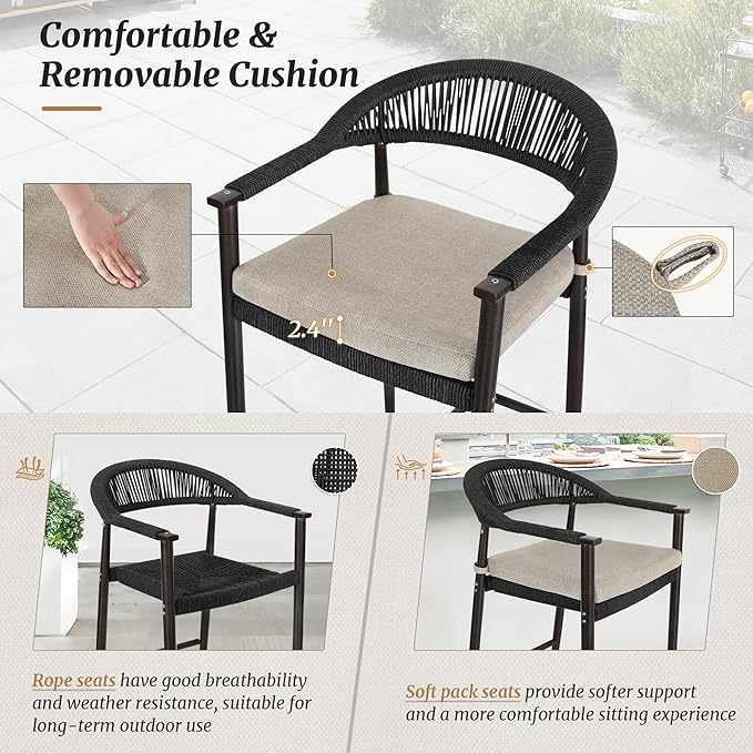 Bar Stools Set of 4, 24.8'' Aluminum Outdoor Bar Stool with Removable Cushion, Boho Rattan BarStools, Olefin Rope Woven Bar Chairs with Footrest for Patio, Garden, Pool, Kitchen, Black