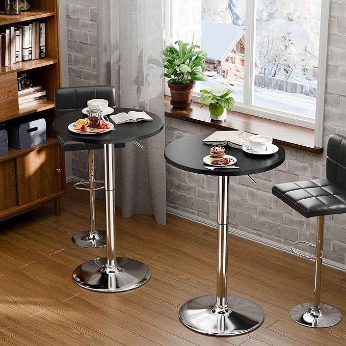 Flamaker Round Bistro Pub Table 23.6 Inch Height Adjustable 360° Swivel Bar Table Metal Base for Pub, Dining Room, Party (4, Black-Silver)