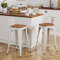 Yongchuang 24 inch Barstools Set of 2 Counter Height Bar Stools Farmhouse Kitchen Metal Bar Chairs with Wood Seat Low Back Cream White