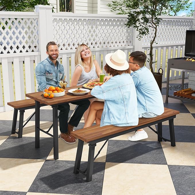 Tangkula 59" Narrow Outdoor Dining Table for 4-6, No Assembly Foldable Patio Dining Table with Acacia Wood Top & Heavy Duty Metal Frame, Portable Table for Yard, Garden, Poolside or Indoor (Natural)