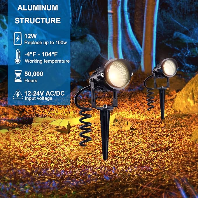 SUNVIE 24 Pack Low Voltage Landscape Lights LED 12W Landscape Lighting with connectors AC/DC 12V-24V Outdoor Spotlight IP65 Waterproof Tree Flag Lights Warm White Spotlights for Yard Garden Pathway