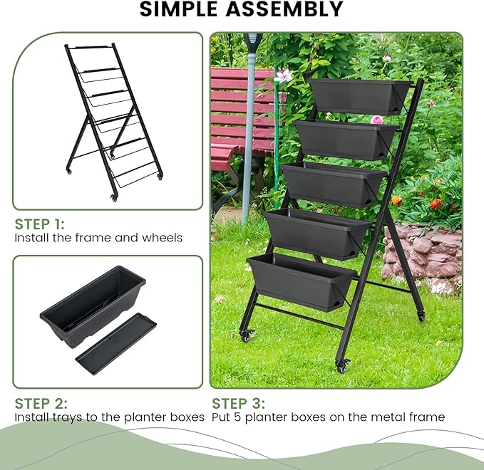 Giantex Set of 2 Vertical Raised Garden Bed on Wheels, Elevated Planter Raised Beds with Water Drainage, Freestanding 5 Container Boxes for Vegetables and Flowers Growing, Outdoor Indoor Patio Balcony