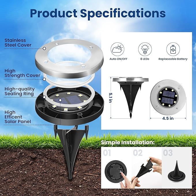 GIGALUMI Solar Ground Lights - No-Drill Fence Lighting Solution, Waterproof Perimeter Lights Compatible with Wood, Metal & Concrete Fences (12 Pack Cool White)
