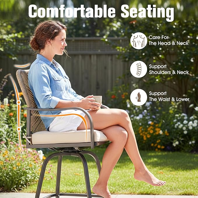 Outdoor Bar Stools Set of 4, 360° Swivel Metal Frame, Wicker Patio Bar Height Stools with Cushion, All-Weather Rattan Chair Design for Patio Backyard, Lawn Garden, Balcony, Poolside